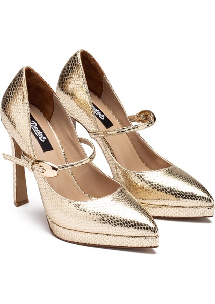 Kadın Yüksek Topuklu Yılan Desenli Tokalı Platform 6000