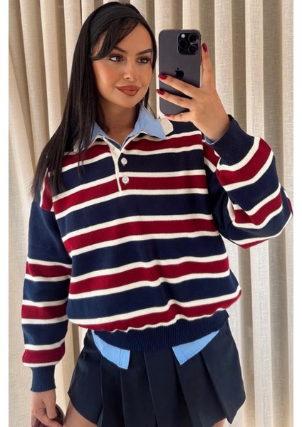 Kadın Çizgili Triko Kazak – Retro & Kampüs Stili