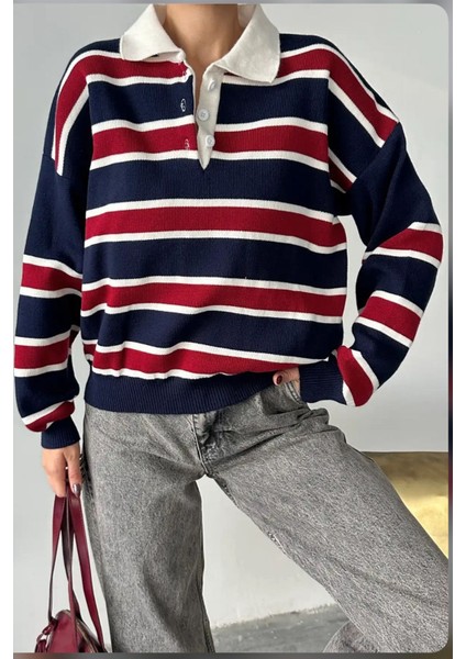 Kadın Çizgili Triko Kazak – Retro & Kampüs Stili fiyatları