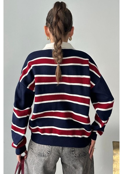 Kadın Çizgili Triko Kazak – Retro & Kampüs Stili fırsatları