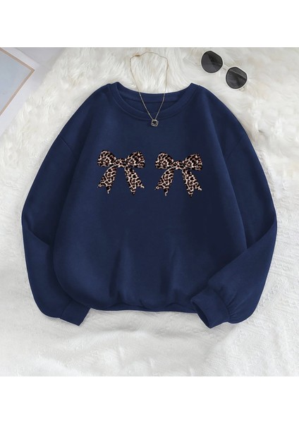 Punıx Büyük Beden Özel Üretim Çift Kurdele Baskılı Yuvarlak Yaka Oversize Kadın Şık Sweatshırt