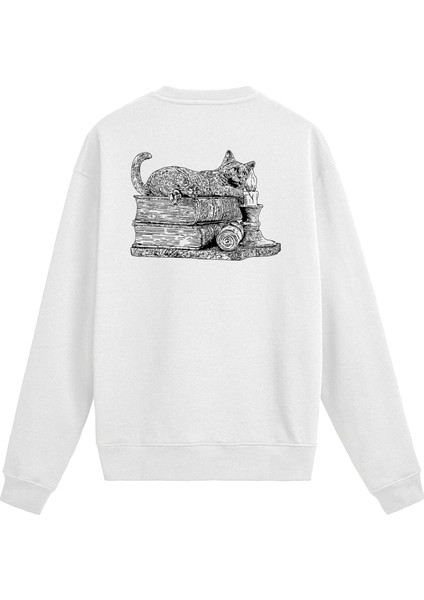Sırt Baskılı Kitap Üstünde Kedi Tasarımlı Sweatshirt