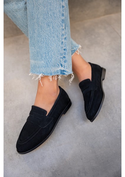 Desna Siyah Süet Düz Taban Ayakkabı modelleri