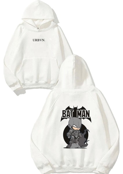 Batman Mini Tasarım Baskılı Oversize Beyaz Kapüşonlu Sweatshirt