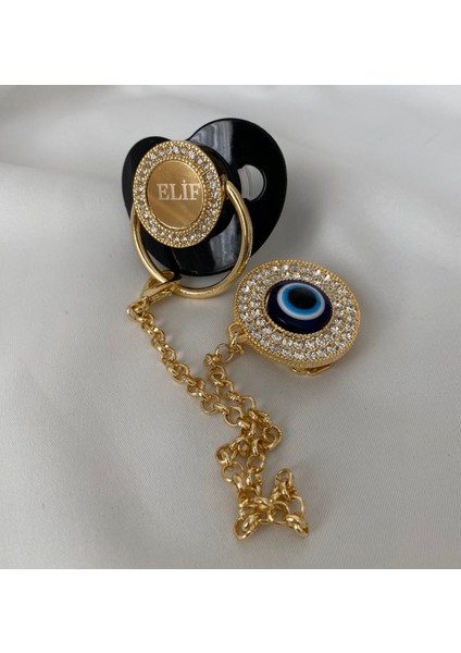 Altın Kaplama Isimli Zirkon Taşlı Silikon Emzik Seti (0-6 Ay) – Damaklı & Kişiye Özel Siyah