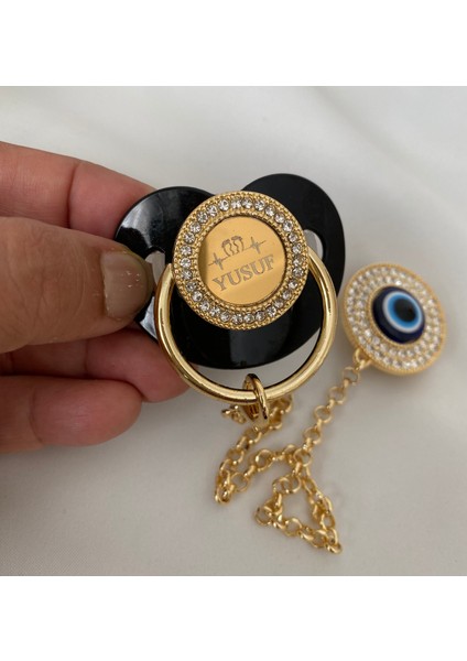 Altın Kaplama Isimli Zirkon Taşlı Silikon Emzik Seti (0-6 Ay) – Damaklı & Kişiye Özel Siyah fırsatları