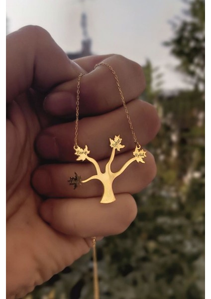 925 Ayar Gümüş 24 Ayar Altın Kaplama 4 Isimli Çınar Yapraklı Kolye