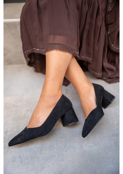 Fiona Siyah Süet Kalın Topuklu Ayakkabı modelleri