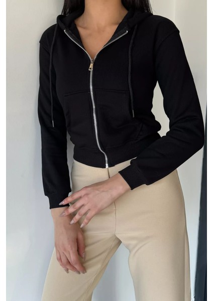 Kadın Kapüşonlu Çift Cepli Ön Fermuarlı Şardonlu Crop Top Sweatshirt P-00018987 fiyatları
