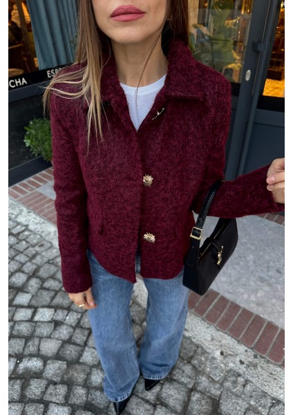 Bordo Tüylü Dokulu Astarlı Yıldız Düğmeli Fit Yünlü Ceket fiyatları