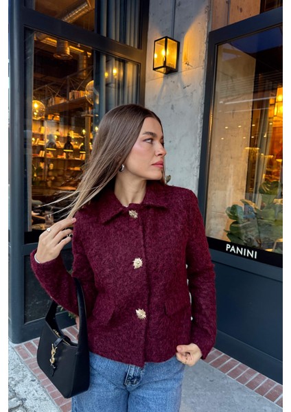 Bordo Tüylü Dokulu Astarlı Yıldız Düğmeli Fit Yünlü Ceket modelleri