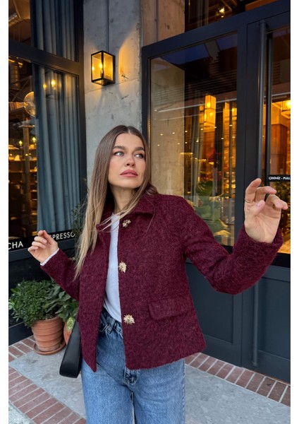 Bordo Tüylü Dokulu Astarlı Yıldız Düğmeli Fit Yünlü Ceket fırsatları