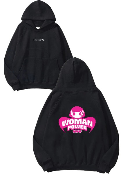 Women Power Tasarım Baskılı Oversize Siyah Kapüşonlu Sweatshirt