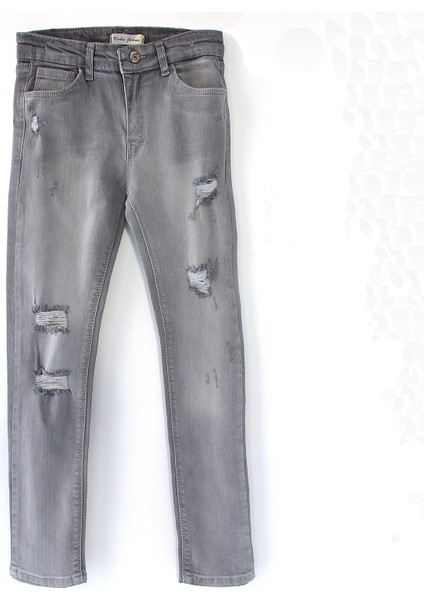 Destroyed Slim Fit Dar Kesim Jean Kız Çocuk Pantolon Gri Renk Yırtıklı Kız Kot Pantolon