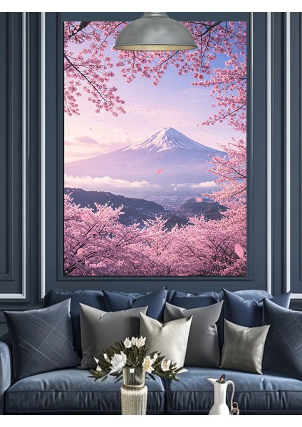 Japonya'da Kiraz Çiçekleri Arasında Fuji Dağı Dekoratif Kanvas - Mdf Ahşap Tablo