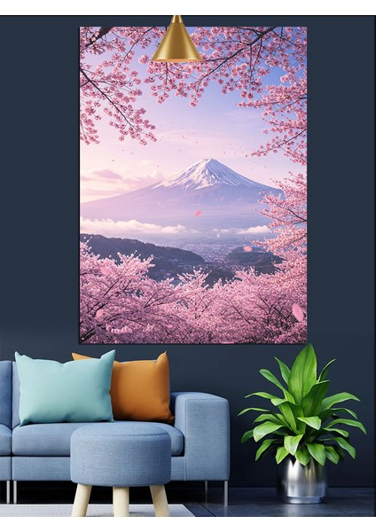 Japonya'da Kiraz Çiçekleri Arasında Fuji Dağı Dekoratif Kanvas - Mdf Ahşap Tablo modelleri