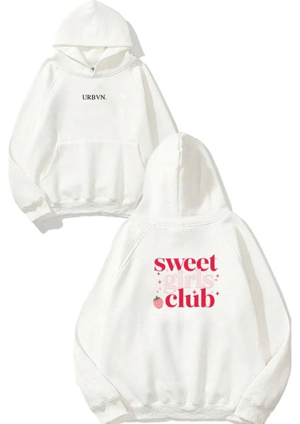Sweet Girls Club Tasarım Baskılı Oversize Beyaz Kapüşonlu Sweatshirt