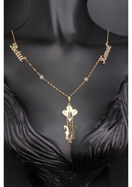 925 Ayar Gümüş 24 Ayar Altın Kaplama 2 Isimli Balonlu Çocuk Figürlü Kolye