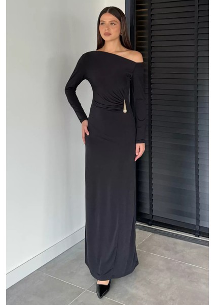 Kadın Omuz Dekolteli Gold Tokalı Drapeli Likralı Elbise P-00018924