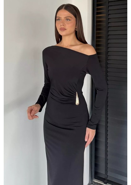 Kadın Omuz Dekolteli Gold Tokalı Drapeli Likralı Elbise P-00018924 fiyatları