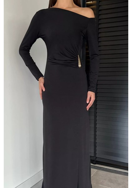 Kadın Omuz Dekolteli Gold Tokalı Drapeli Likralı Elbise P-00018924 modelleri