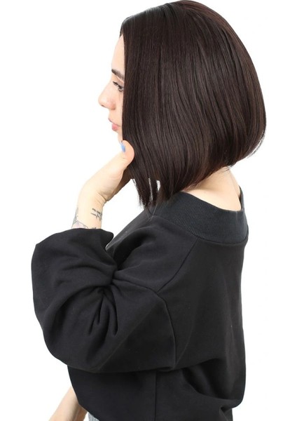 Kahkülsüz Düz Kısa Fiber Sentetik Peruk - Koyu Kahve modelleri