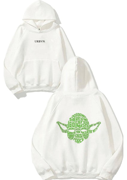 Yoda 1 Tasarım Baskılı Oversize Beyaz Kapüşonlu Sweatshirt