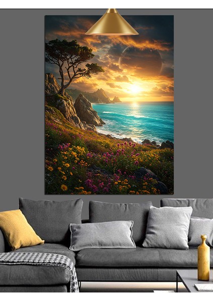 Gün Batımı Sırasında Deniz Kenarı Manzara Tablosu Dekoratif Kanvas - Mdf Ahşap Tablo