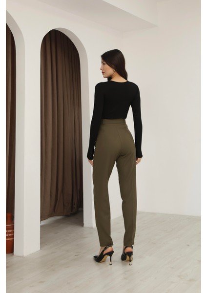 Kadın Haki Dar Kesim Kumaş Pantolon