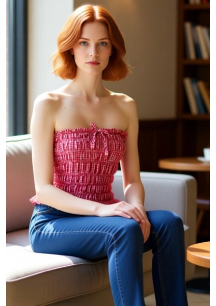 Kadın Dokuma Straplez Bluz Ekose Desen ve Fiyonk Detaylı Kaliteli Şık Rahat Modern Zarif Günlük