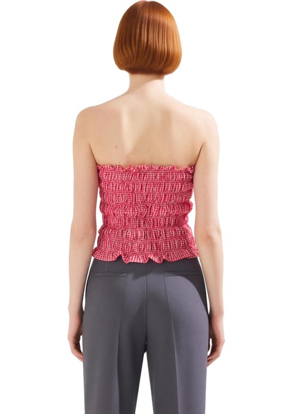 Kadın Dokuma Straplez Bluz Ekose Desen ve Fiyonk Detaylı Kaliteli Şık Rahat Modern Zarif Günlük modelleri