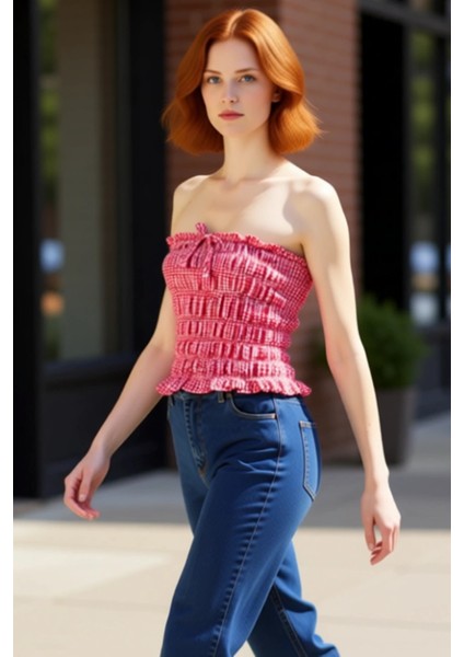 Kadın Dokuma Straplez Bluz Ekose Desen ve Fiyonk Detaylı Kaliteli Şık Rahat Modern Zarif Günlük fırsatları