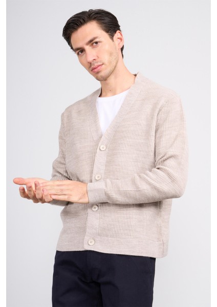 Çetinkaya Mentality 5296 V Yaka 1/18 Akrilik Triko Hırka Bejmelanj