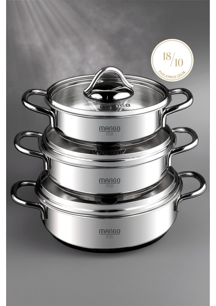 Mango Kitchen Artemis - 6 Parça Paslanmaz Çelik Sahan Seti (16-18-20 Cm) 18/10 Paslanmaz Çelik