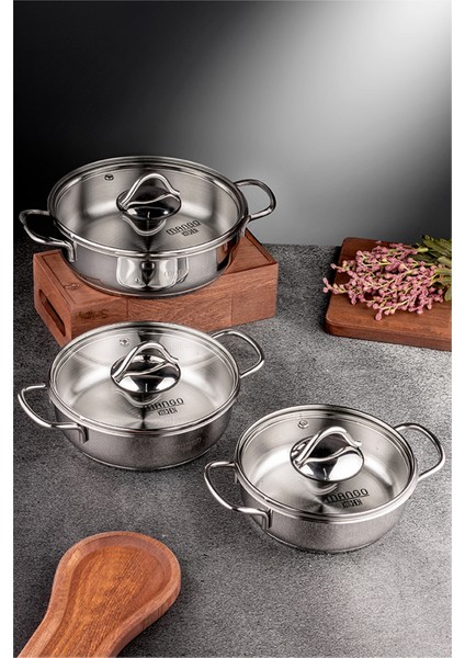 Mango Kitchen Artemis - 6 Parça Paslanmaz Çelik Sahan Seti (16-18-20 Cm) 18/10 Paslanmaz Çelik