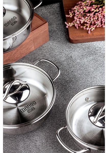 Mango Kitchen Artemis - 6 Parça Paslanmaz Çelik Sahan Seti (16-18-20 Cm) 18/10 Paslanmaz Çelik