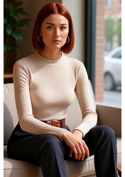 Moda Dik Yaka Örme Slim Düz Desen Casual Günlük Regular Uzun Kol Bluz