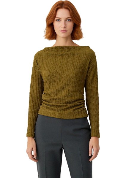 Kadın Asimetrik Kesim Kayık Yaka Büzgülü Gofre Örme Üst Kaliteli Şık Rahat Modern Zarif Günlük fiyatları