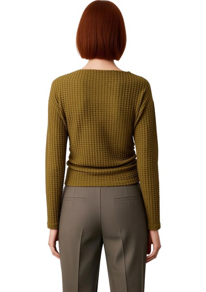 Kadın Asimetrik Kesim Kayık Yaka Büzgülü Gofre Örme Üst Kaliteli Şık Rahat Modern Zarif Günlük modelleri