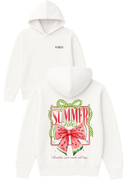 Summer Vibes Karpuz Tasarım Baskılı Oversize Beyaz Kapüşonlu Sweatshirt