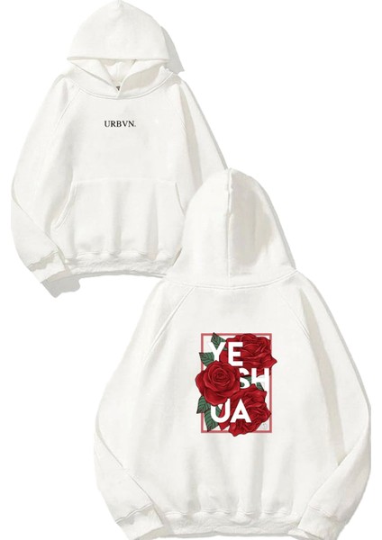 Red Rose Tasarım Baskılı Oversize Beyaz Kapüşonlu Sweatshirt