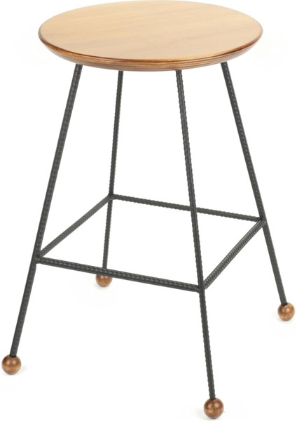 Ahşap 47 cm - Metal Ayaklı - Nervürlü Demir - Yuvarlak Kontrplak Oturma Yeri