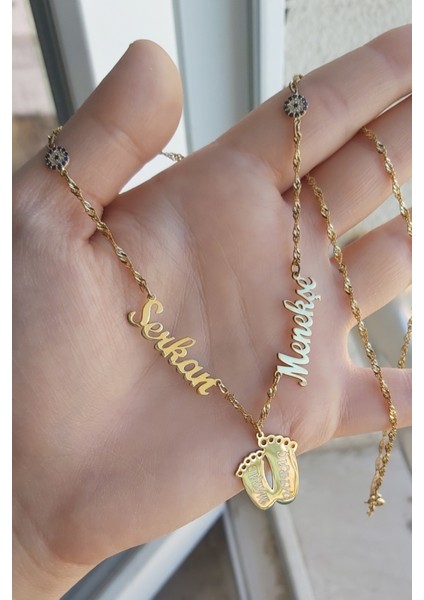 925 Ayar Gümüş 24 Ayar Altın Kaplama 2 Isimli Ayak Figürlü Kolye