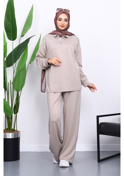 Vizon Taşlı Yaka Fermuarlı Tunik Pantolonlu Takım