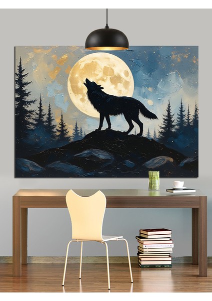 Dolunayda Uluyan Kurt Manzarası Dekoratif Kanvas - Mdf Ahşap Tablo