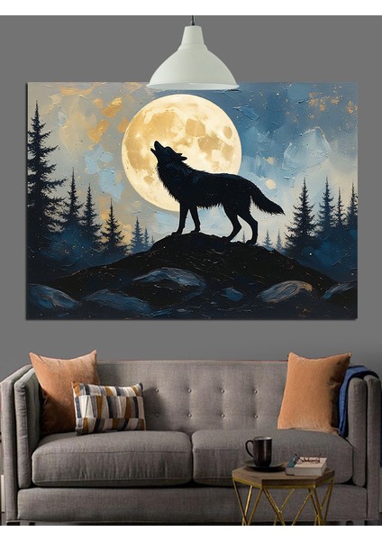 Dolunayda Uluyan Kurt Manzarası Dekoratif Kanvas - Mdf Ahşap Tablo indirimleri