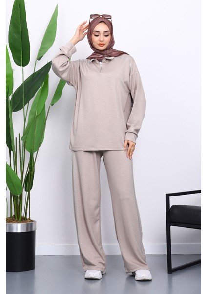 Vizon Taşlı Yaka Fermuarlı Tunik Pantolonlu Takım fiyatları