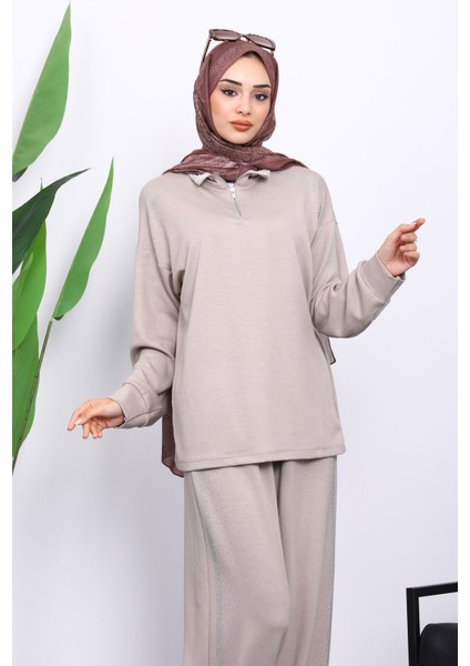Vizon Taşlı Yaka Fermuarlı Tunik Pantolonlu Takım modelleri