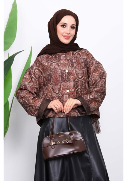 Kahverengi Etnik Desenli Kısa Ceket modelleri