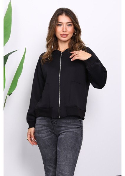 Siyah Fermuarlı Scuba Kısa Ceket